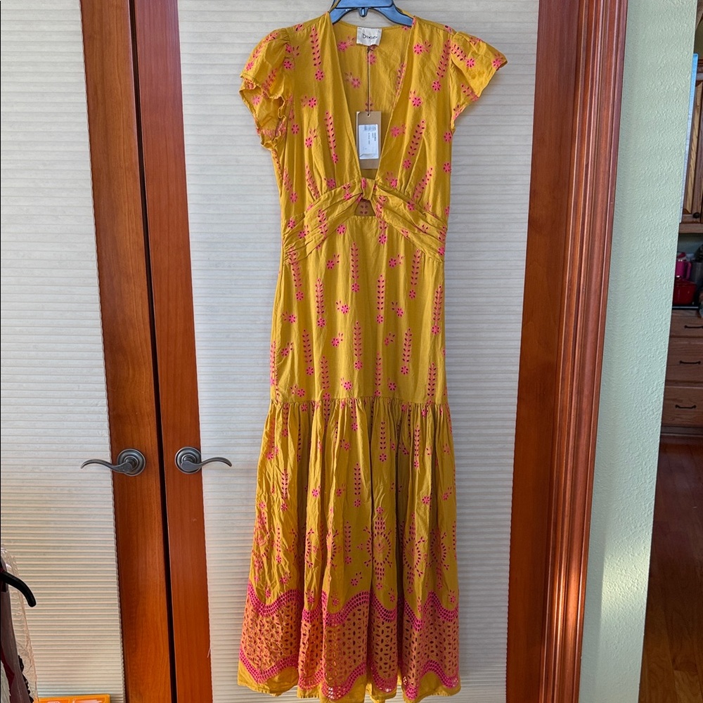 NWT DIXIE Yellow and Pink Floral embroidered Maxi Dress size medium